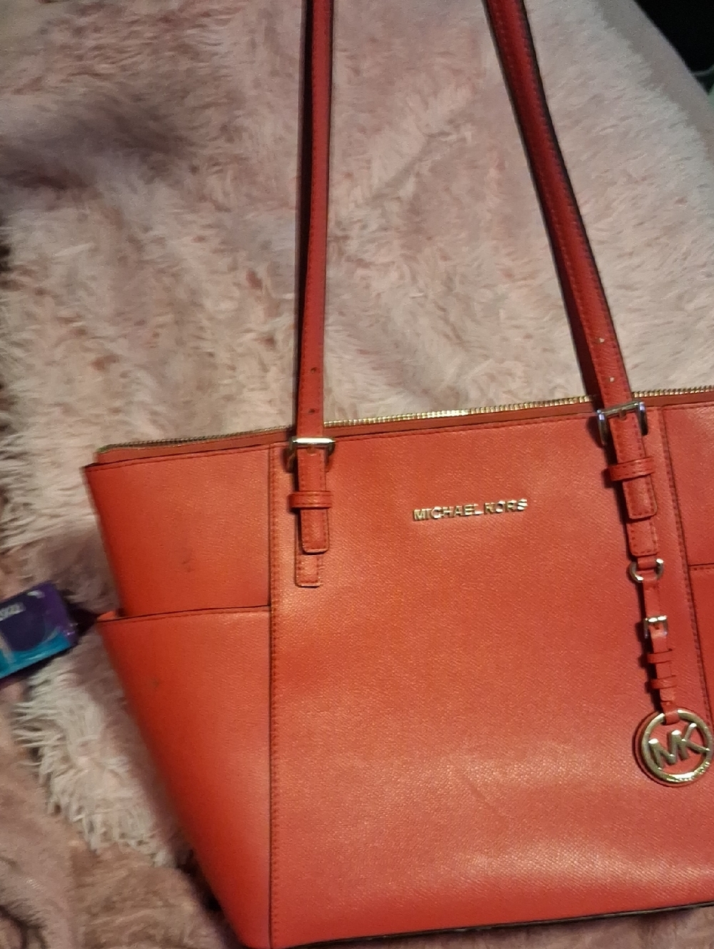 Michael Kors Coral-Orange Leather Tote with Gold Hardware